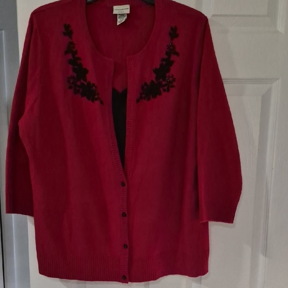 Red Cardigan Sweater With Tank Underlay And Floral Bead Embroidery 16W/18W